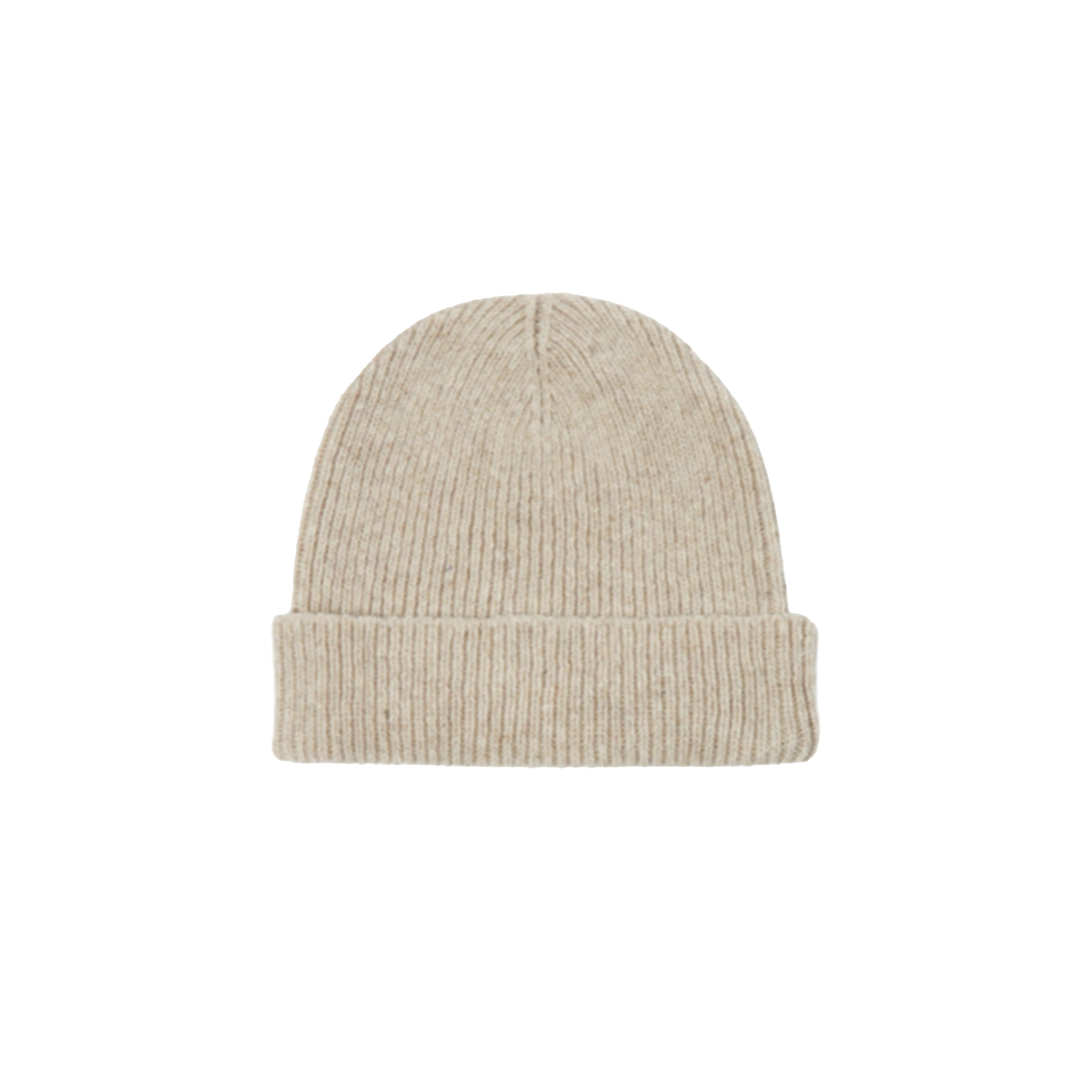 Universal Works' Wool Cashmere Watch Cap in beige features a ribbed knit design and a folded cuff.