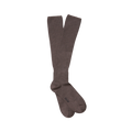 A pair of Wool Knee Socks by Aiayu in brown, crafted from durable knit organic merino wool, laid out flat with an intersection at the ankle.