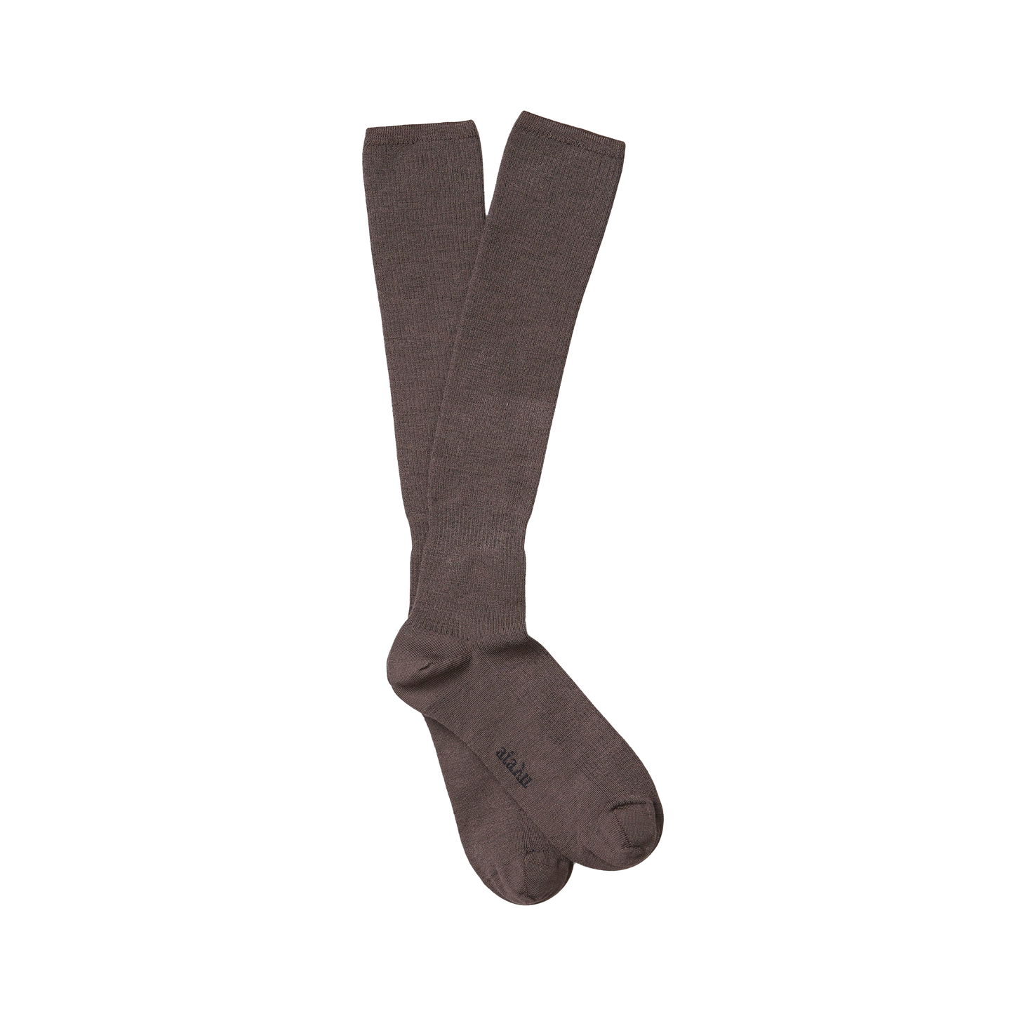 A pair of Wool Knee Socks by Aiayu in brown, crafted from durable knit organic merino wool, laid out flat with an intersection at the ankle.