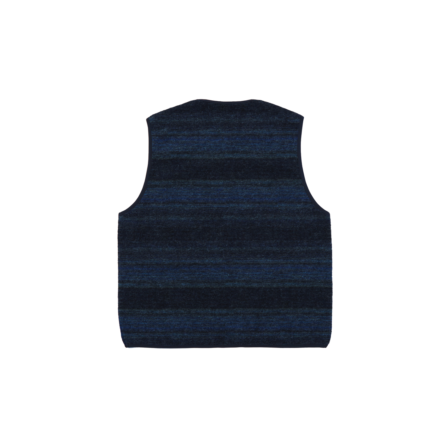 A back view of the Universal Works Zip Gillet—crafted from a dark blue striped wool-polyester blend reminiscent of a Mississippi fleece—against a plain background.