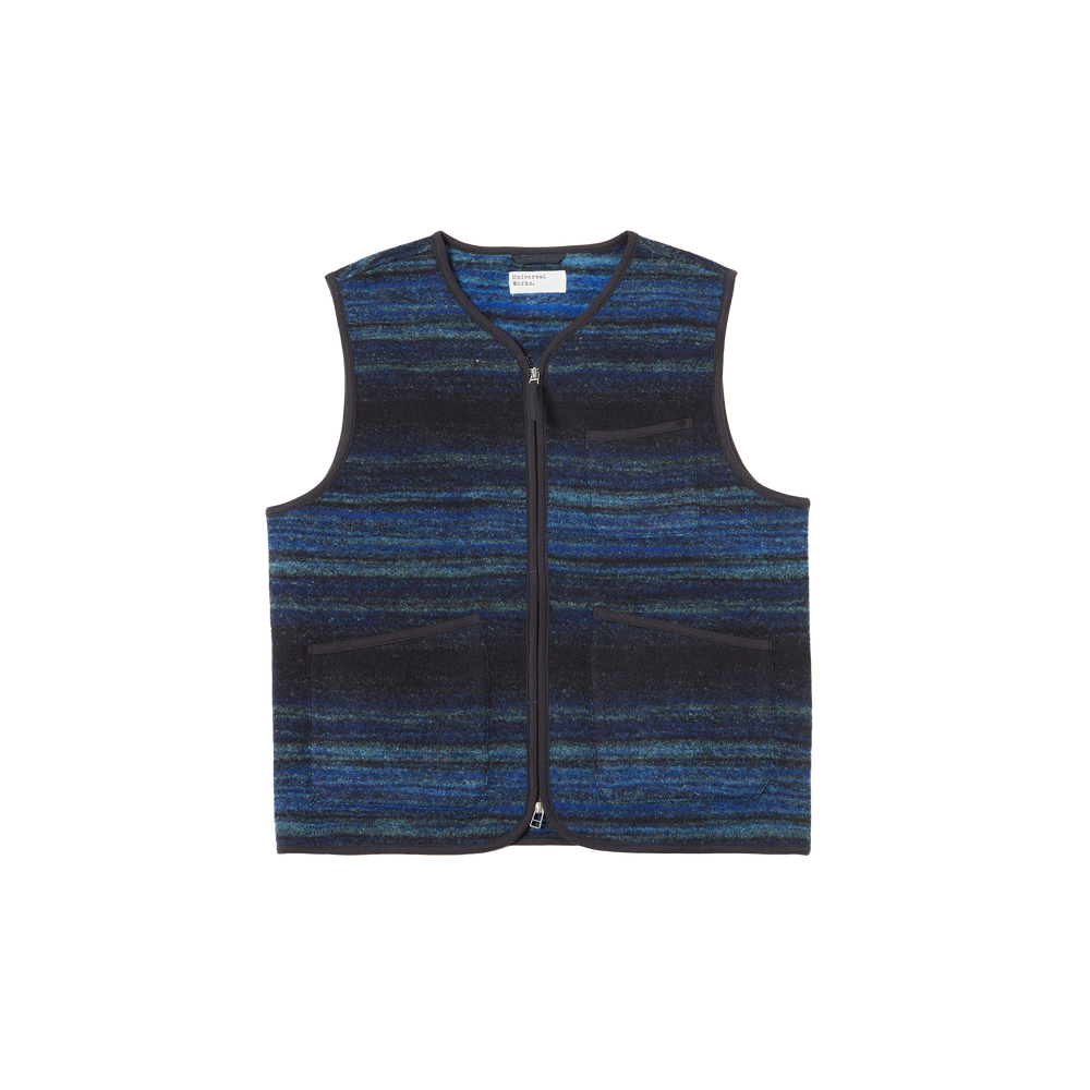 The Universal Works Zip Gillet showcases a sleeveless design with horizontal blue and black stripes, providing a stylish look for any outing.