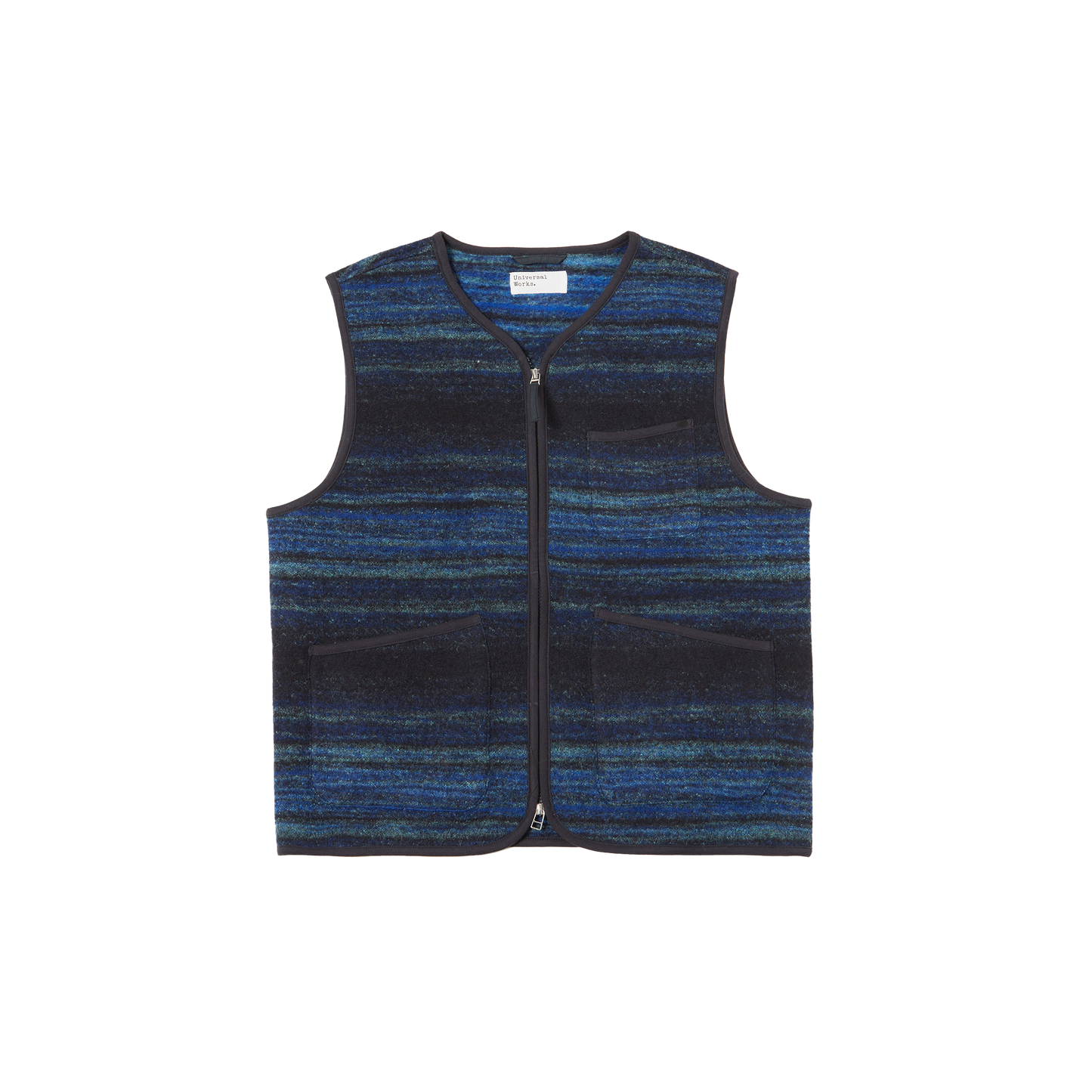 The Universal Works Zip Gillet showcases a sleeveless design with horizontal blue and black stripes, providing a stylish look for any outing.