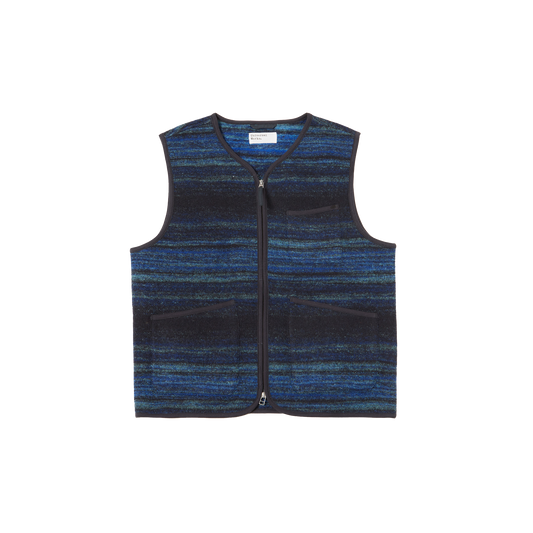 The Universal Works Zip Gillet showcases a sleeveless design with horizontal blue and black stripes, providing a stylish look for any outing.