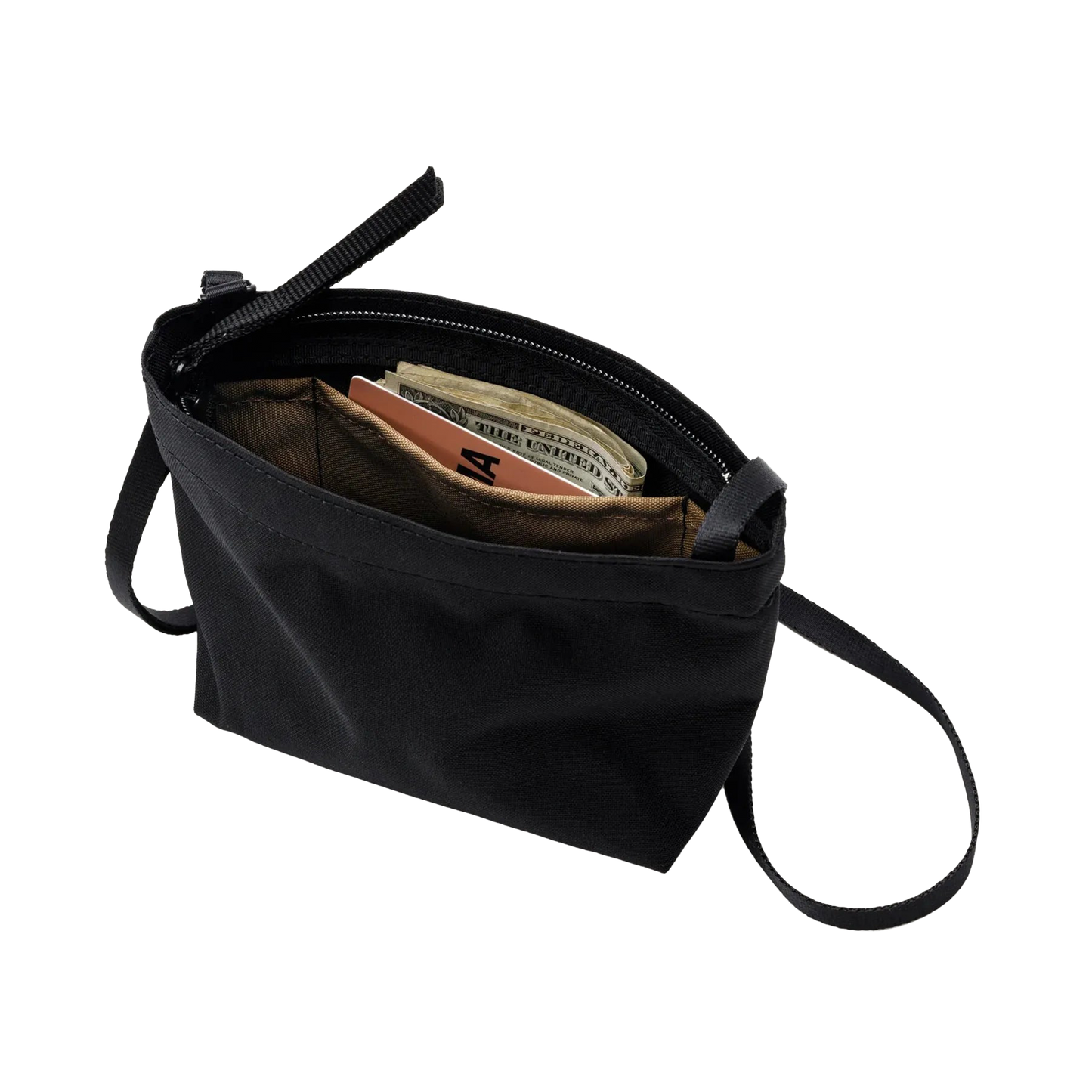 The Zipper Pouch Mini by Bags in Progress is a stylish black mini shoulder bag made from water-repellent recycled polyester, featuring an open zipper that reveals space for a wallet and other small essentials inside.