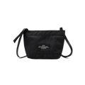 The Zipper Pouch Mini by Bags in Progress is a compact black shoulder bag made from recycled polyester, showcasing a front patch adorned with white text.