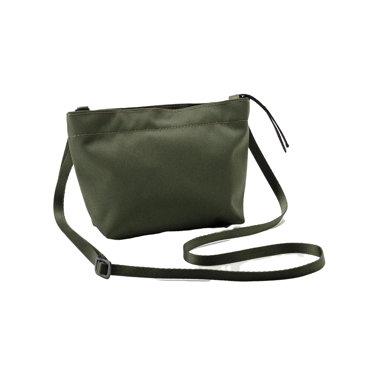 The Zipper Pouch Mini by Bags in Progress is a dark green crossbody bag made from recycled polyester, featuring an adjustable strap and zippered closure on a white background.