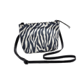 Introducing the Zipper Pouch Mini by Bags in Progress: a compact crossbody mini shoulder bag designed with a striking black and white zebra print, expertly crafted from recycled polyester and equipped with an adjustable strap for convenience.