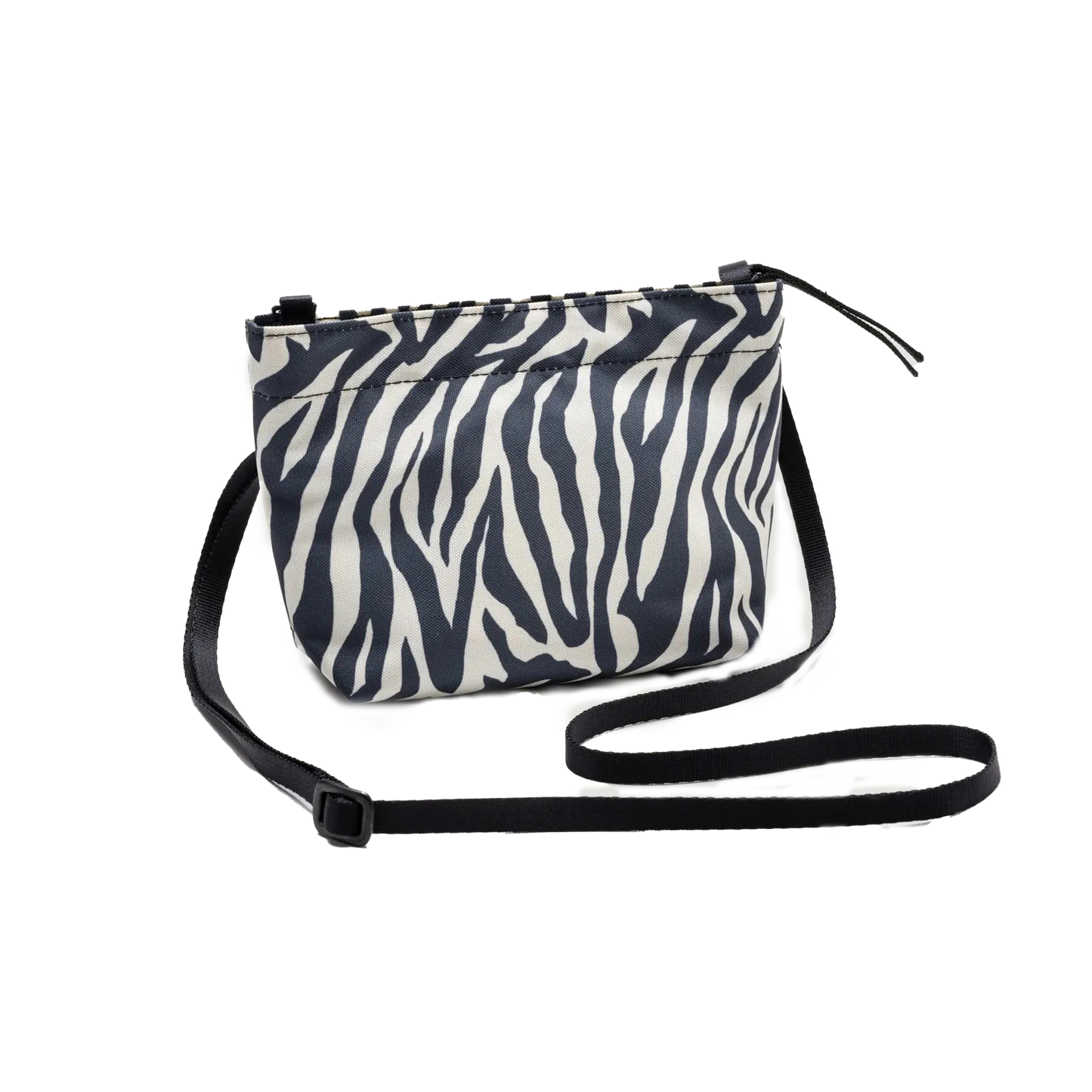 Introducing the Zipper Pouch Mini by Bags in Progress: a compact crossbody mini shoulder bag designed with a striking black and white zebra print, expertly crafted from recycled polyester and equipped with an adjustable strap for convenience.