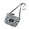 The Zipper Pouch Mini by Bags in Progress is displayed against a plain background, featuring a zebra pattern, black strap, and a rectangular black label on the front. Made from recycled polyester, this fashionable accessory also offers water-repellent features for enhanced durability.