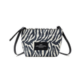 Introducing the Zipper Pouch Mini by Bags in Progress, a stylish shoulder bag featuring a zebra-print design crafted from recycled polyester. It is accented with black drawstrings and includes a label on the front.